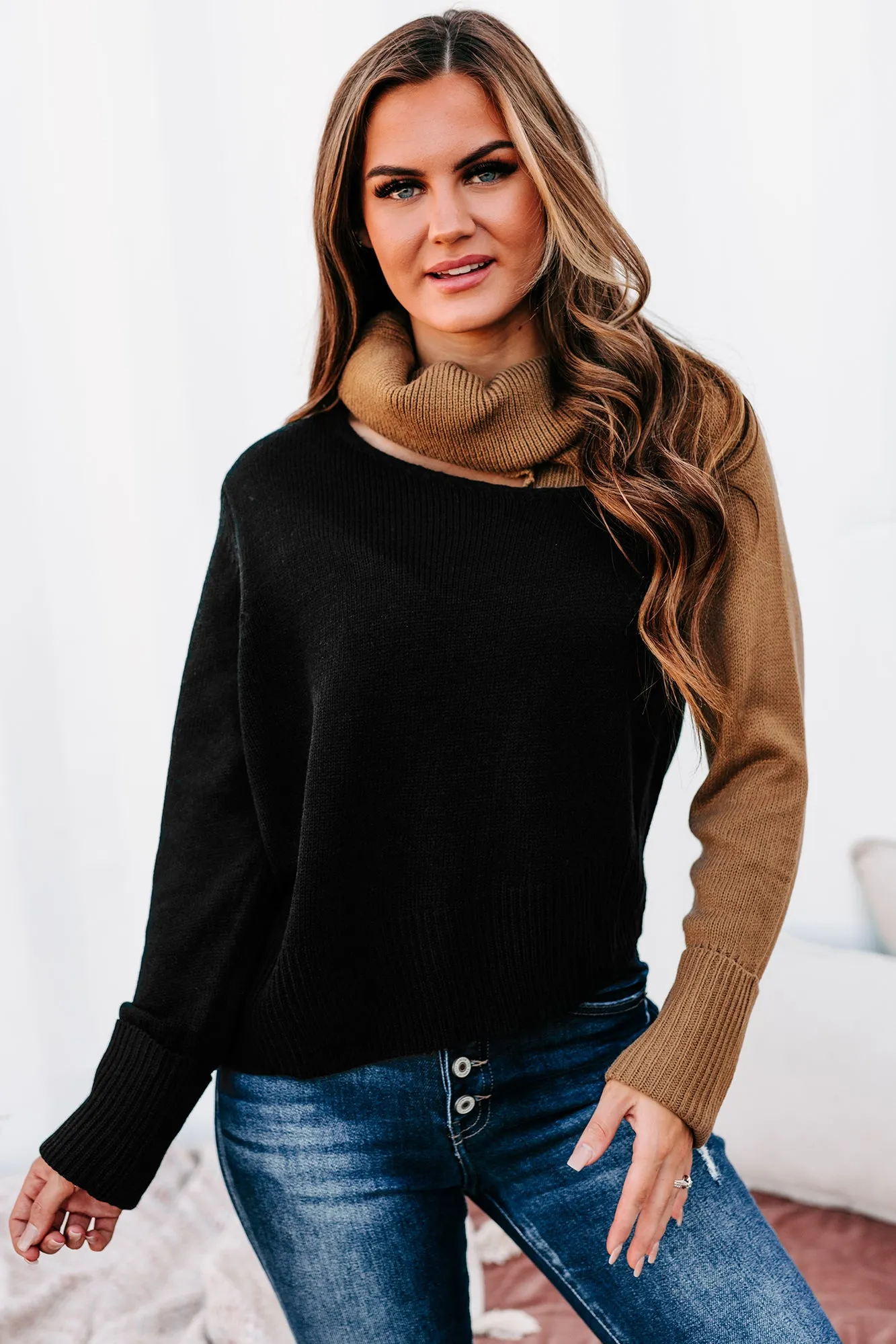 Autumn Is Calling Color Block Turtle Neck Sweater (Black/Mocha)