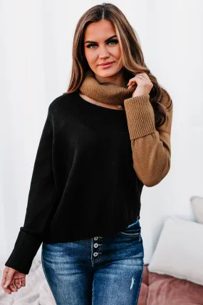 Autumn Is Calling Color Block Turtle Neck Sweater (Black/Mocha)