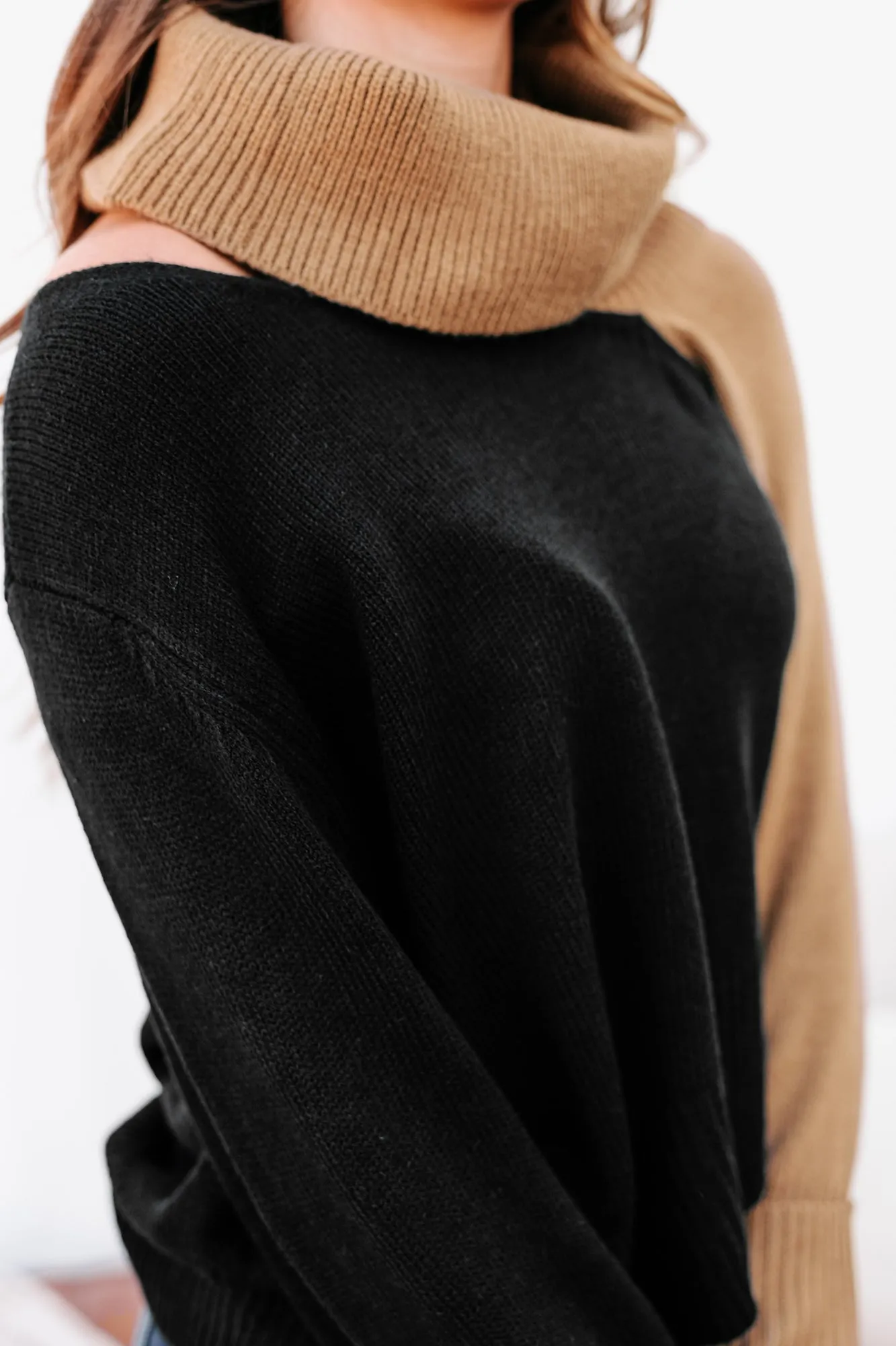 Autumn Is Calling Color Block Turtle Neck Sweater (Black/Mocha)