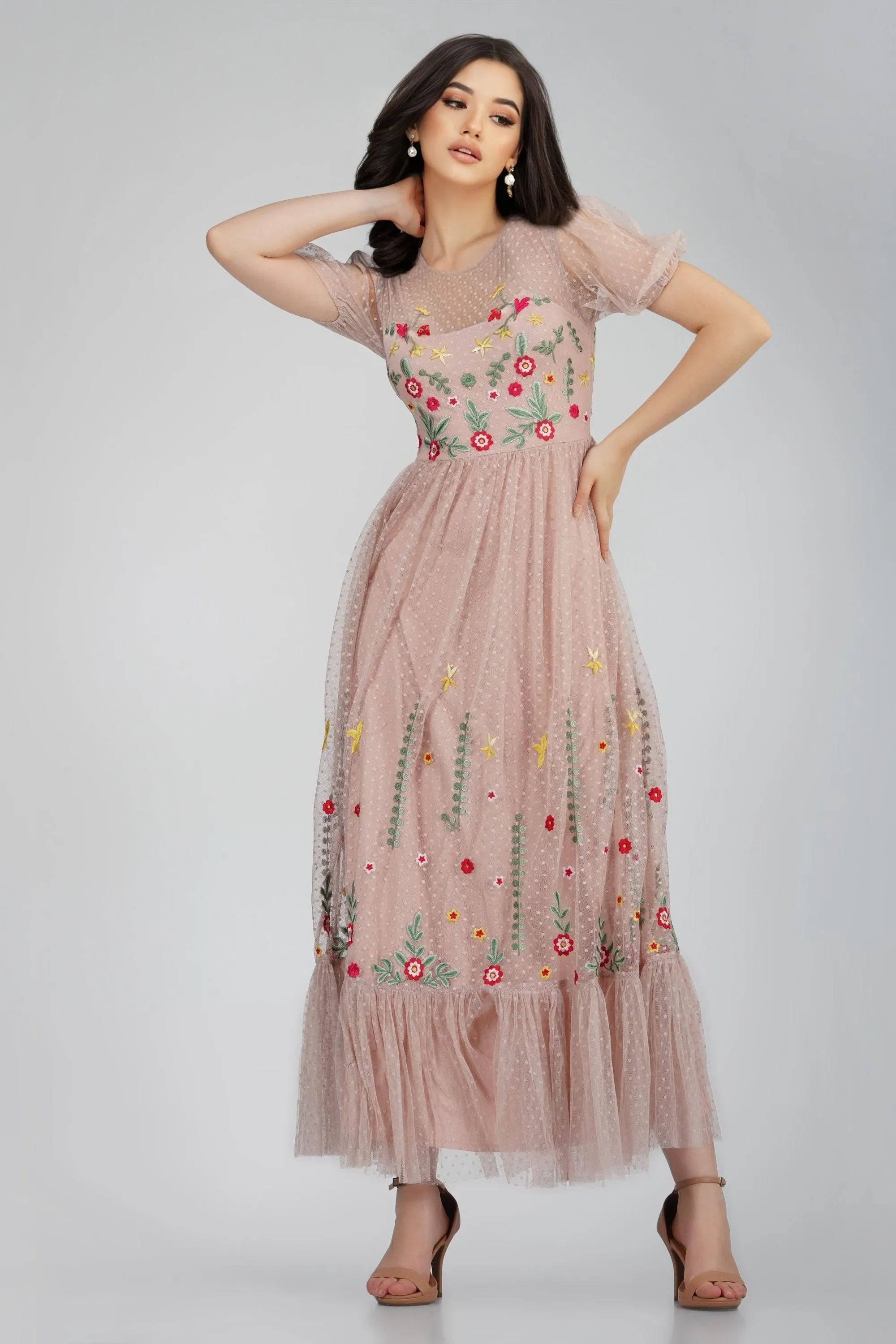 Azalea Dusty Pink Embroidered Dress