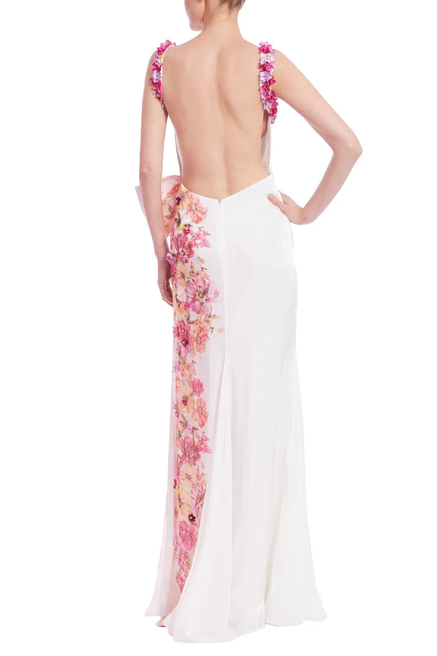 Badgley Mischka Placed Floral Embellishment Square Neck Open Side Slit Sleeveless Gown