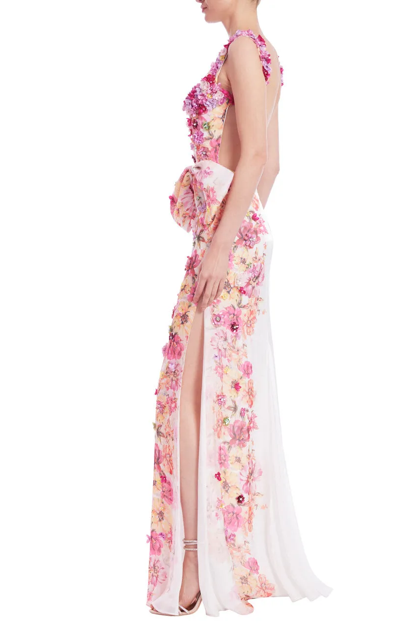 Badgley Mischka Placed Floral Embellishment Square Neck Open Side Slit Sleeveless Gown