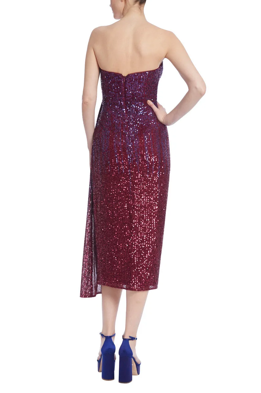 Badgley Mischka Strapless Ombre Sequined Rosette Gown with Leg Slit