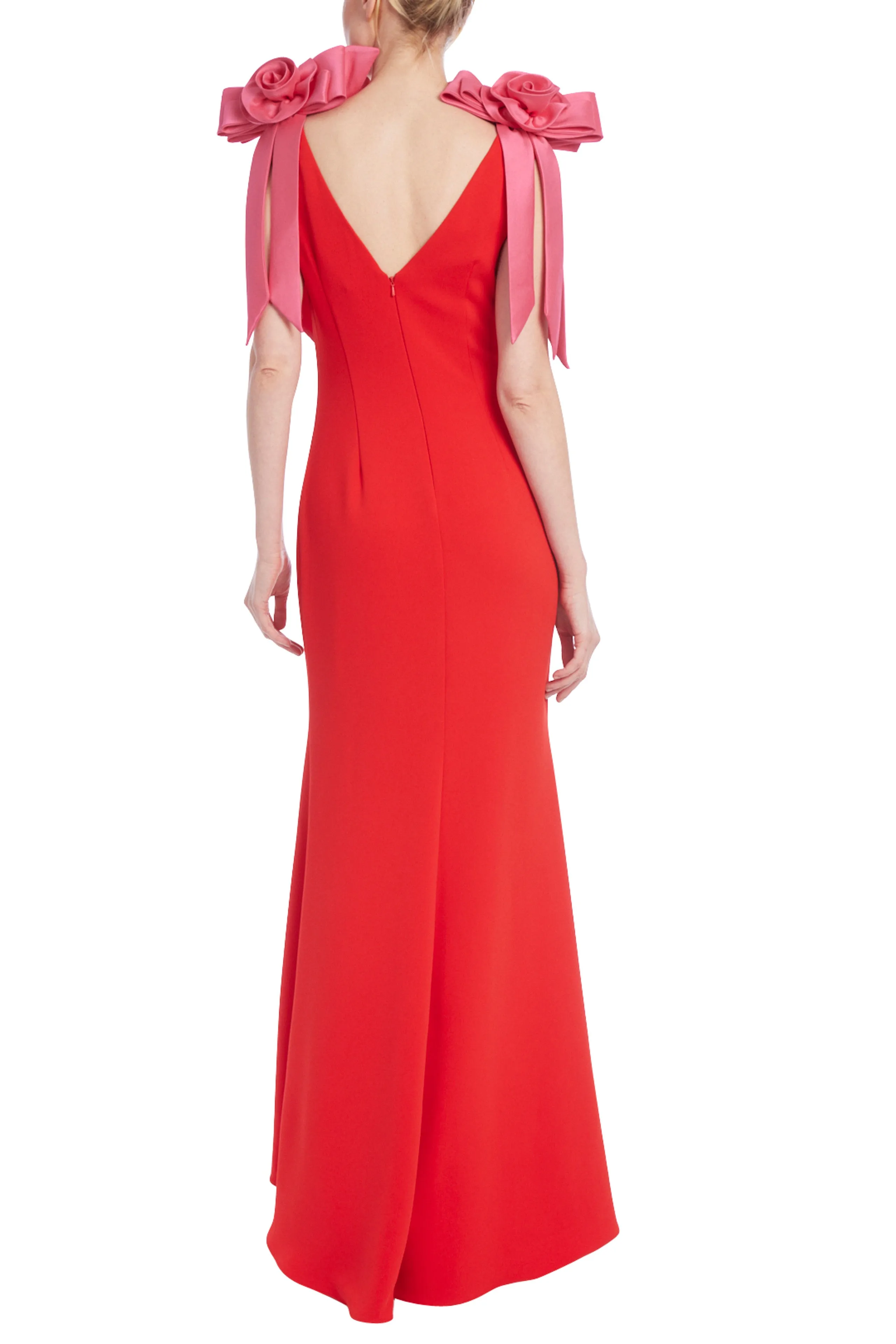 Badgley Mischka Two-Tone Rosette Shoulder Column Gown