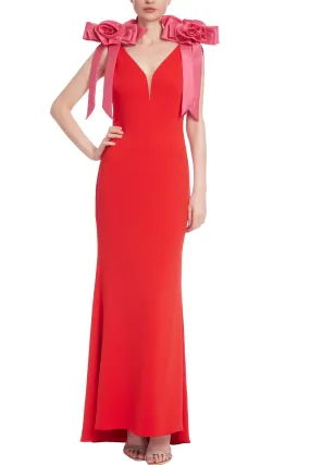 Badgley Mischka Two-Tone Rosette Shoulder Column Gown