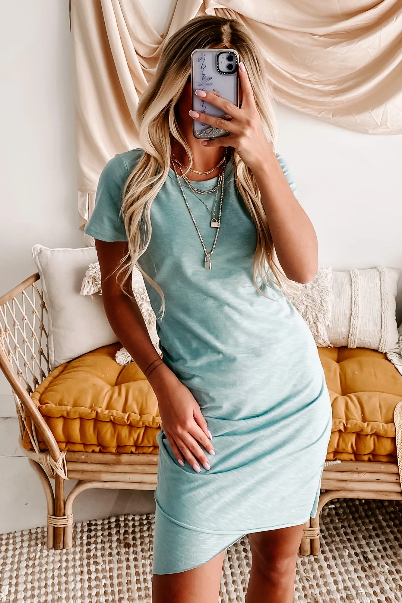 Barbra Ruched Lilac Hem Tee Dress (Stone Blue)