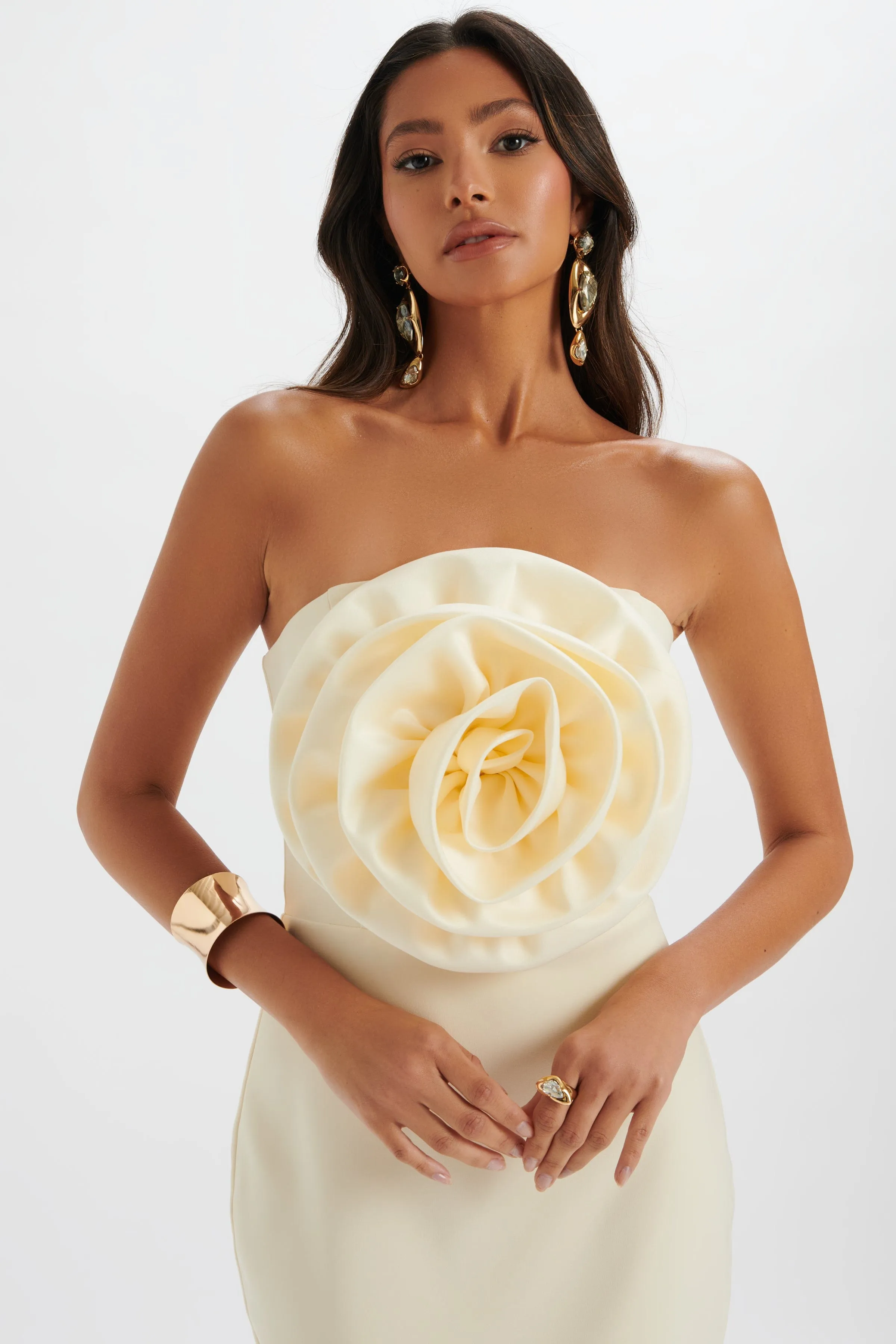 BELLE 3D Flower Bandeau Midi Dress in Champagne