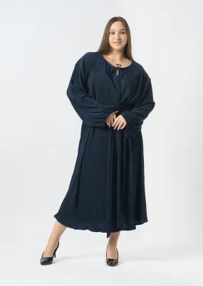 Belted Plisse Dress With Tie Neck