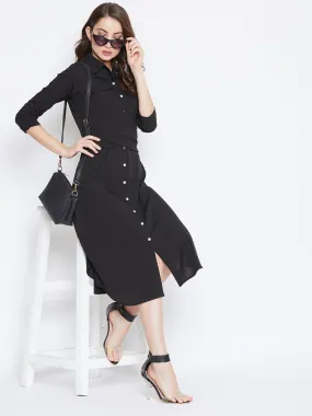 Berrylush Women Solid Black Collared Neck Button-Up Curved Midi Shirt Dress