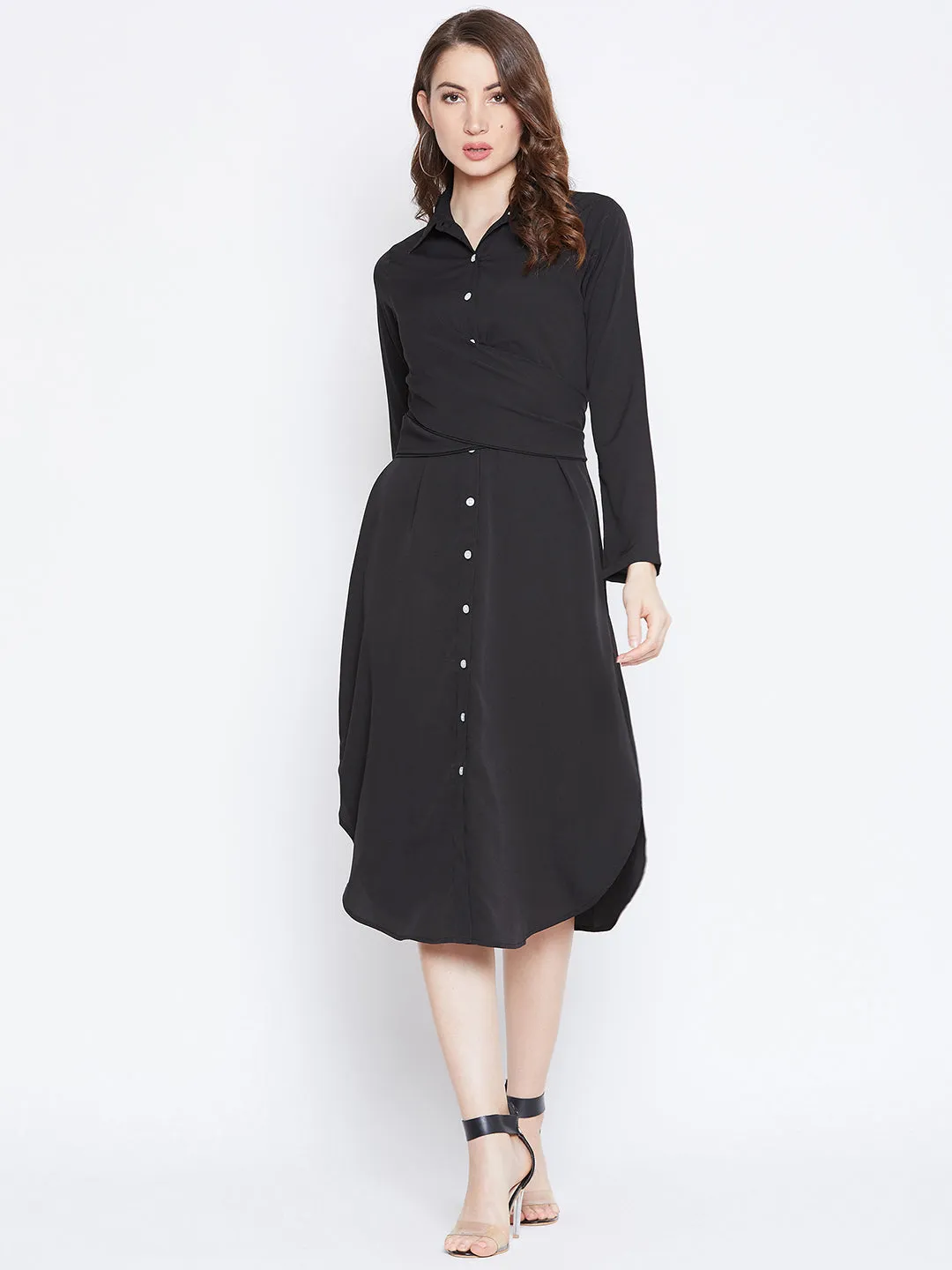 Berrylush Women Solid Black Collared Neck Button-Up Curved Midi Shirt Dress