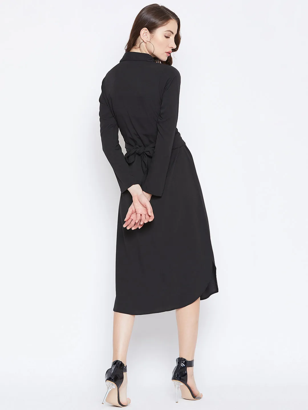 Berrylush Women Solid Black Collared Neck Button-Up Curved Midi Shirt Dress