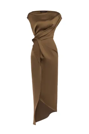 BETHANY SLIT DRAPED SATIN MIDI DRESS