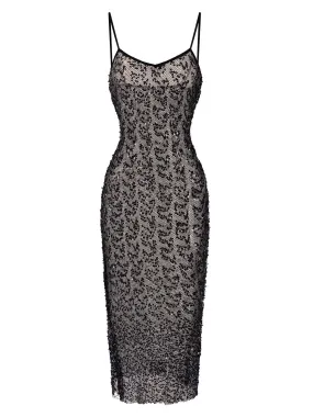 Black 1960s Sequined Spaghetti Straps Dress