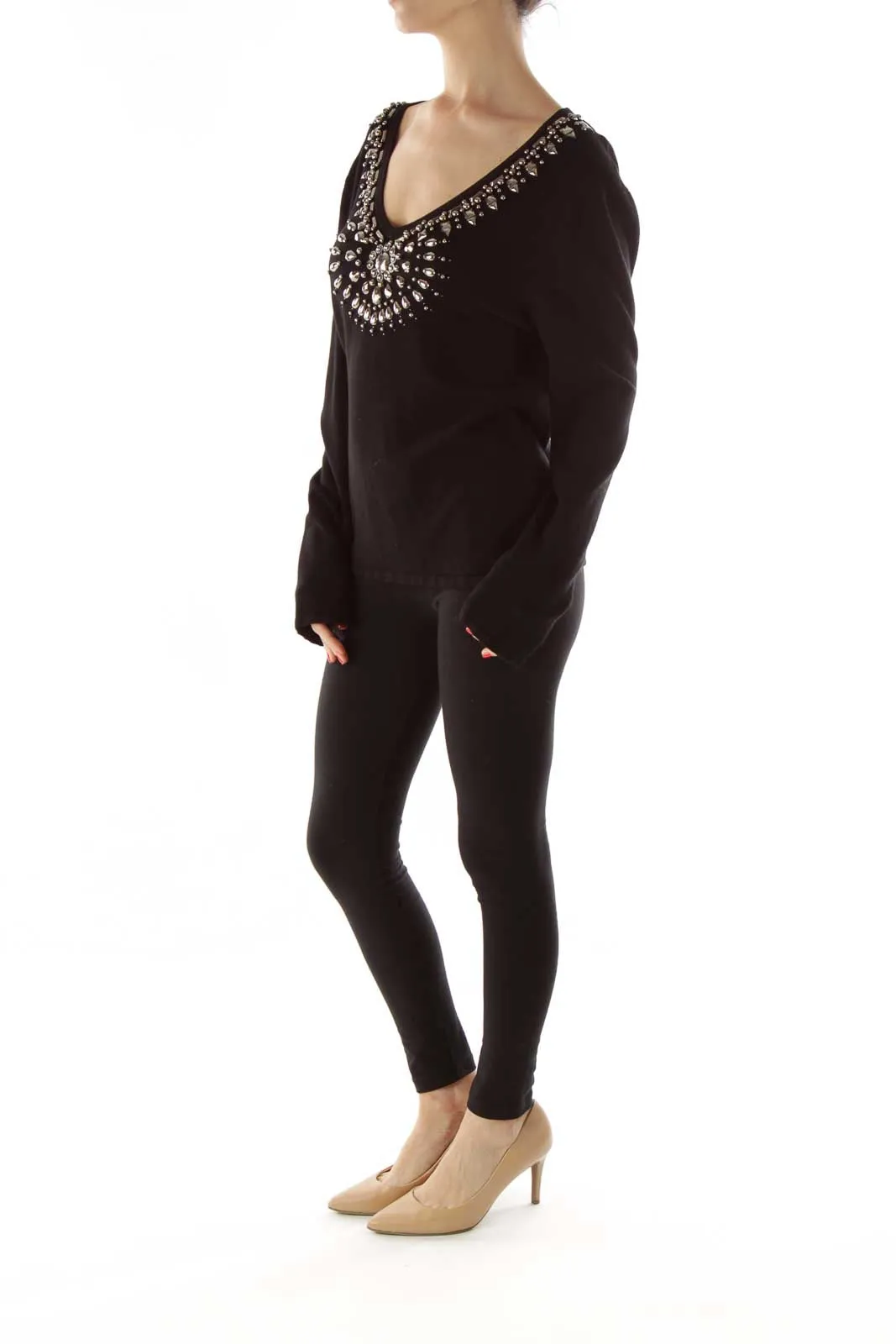 Black Beaded Vneck Knit Top