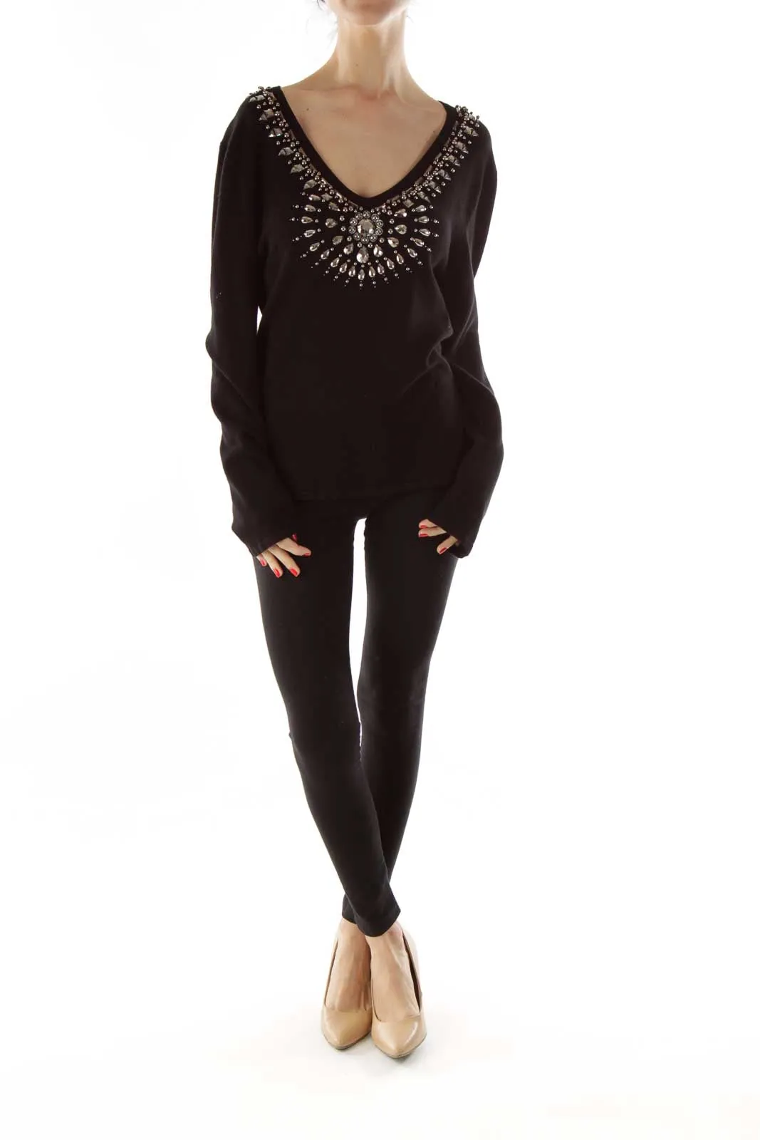 Black Beaded Vneck Knit Top