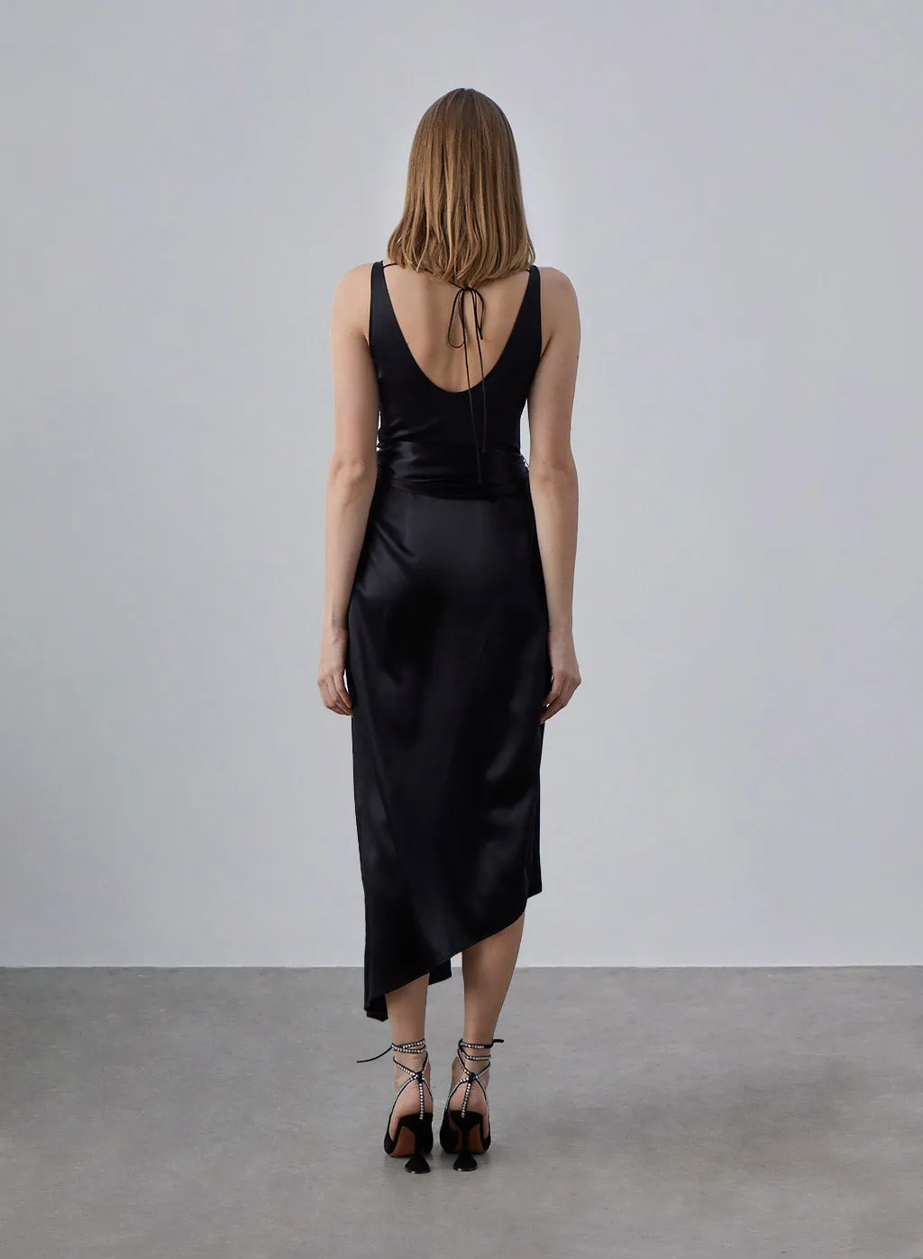 Black Belted Asymmetrical Silky Midi Dress