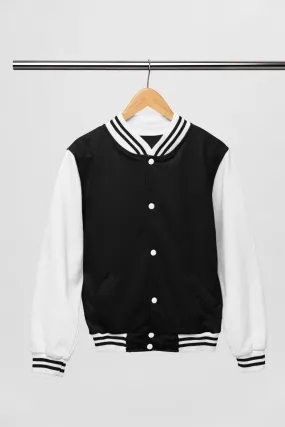 Black Cotton Varsity Jacket - Long Sleeve, Button Front, Stand Collar