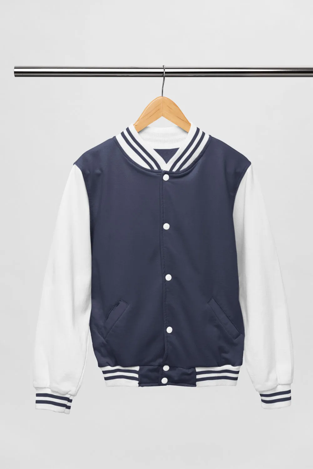 Black Cotton Varsity Jacket - Long Sleeve, Button Front, Stand Collar