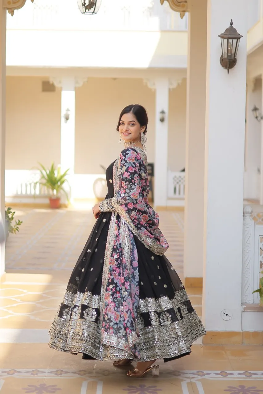 Black Exquisite Premium Designer Faux Georgette Gown with Embroidered Zari Sequins and Tabby Silk Dupatta