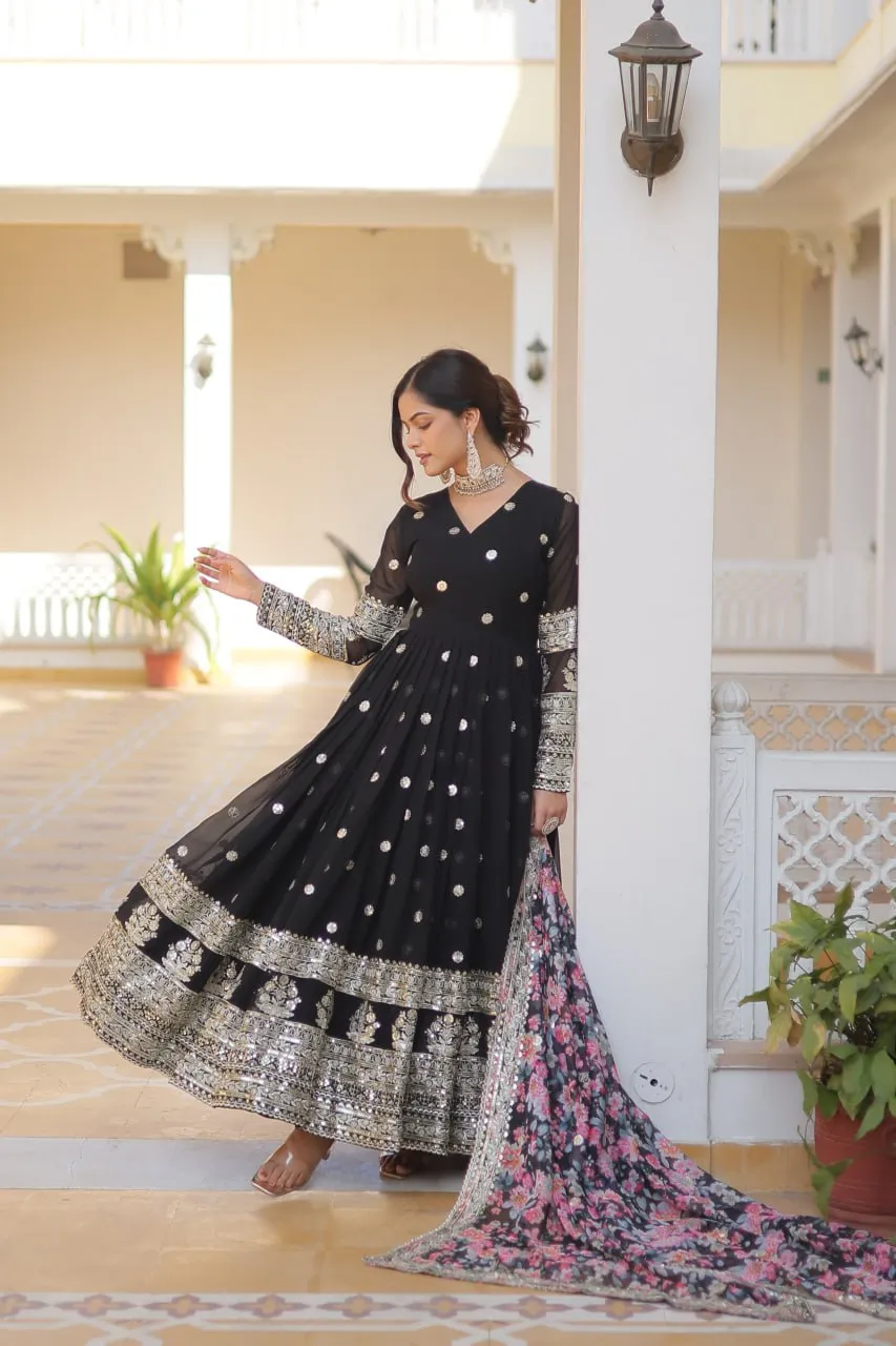 Black Exquisite Premium Designer Faux Georgette Gown with Embroidered Zari Sequins and Tabby Silk Dupatta