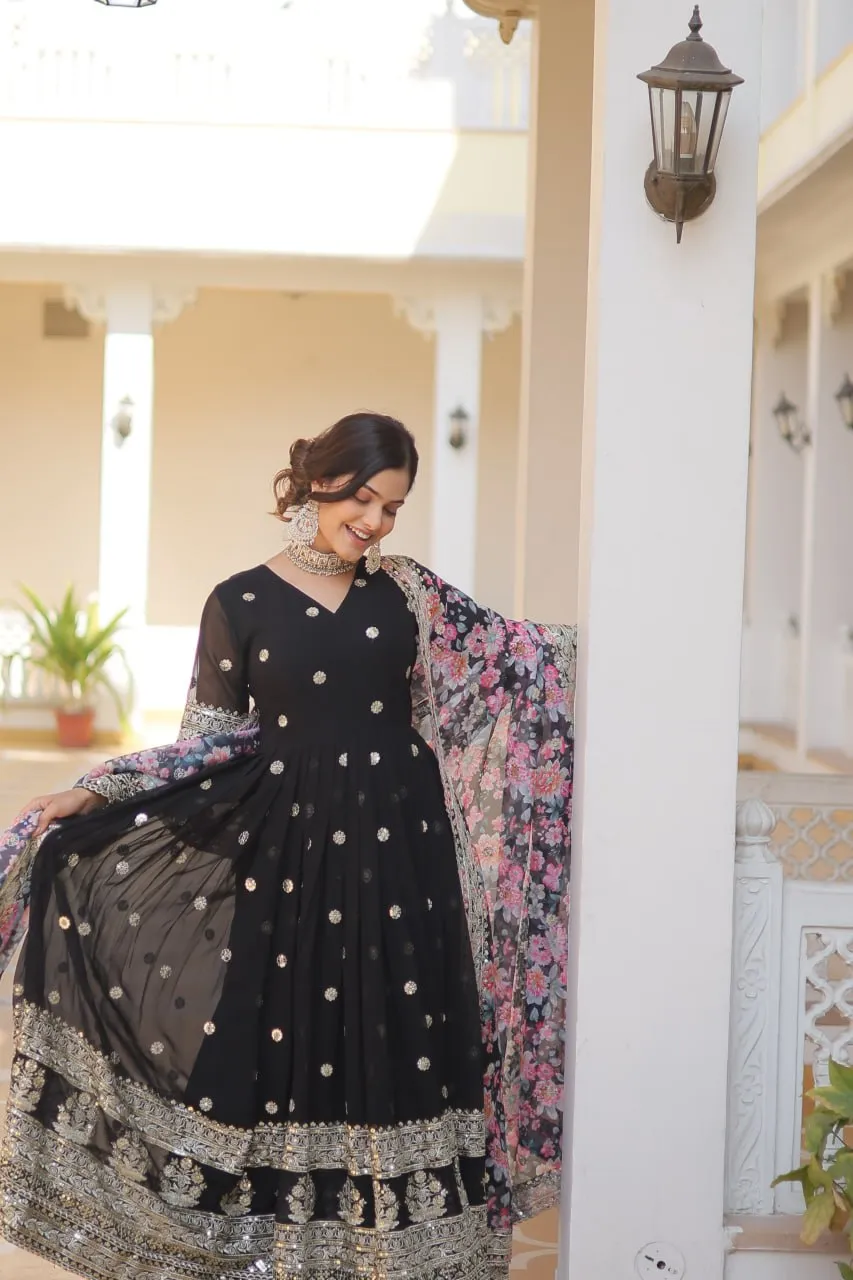 Black Exquisite Premium Designer Faux Georgette Gown with Embroidered Zari Sequins and Tabby Silk Dupatta