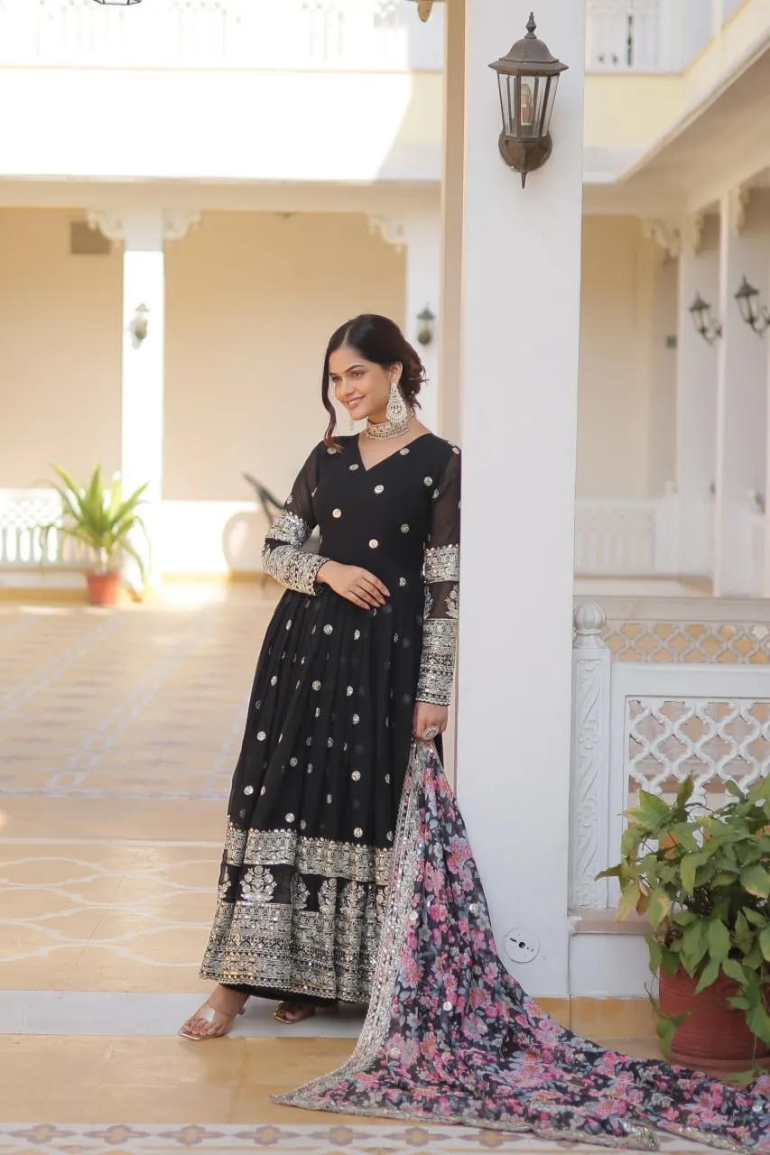 Black Exquisite Premium Designer Faux Georgette Gown with Embroidered Zari Sequins and Tabby Silk Dupatta