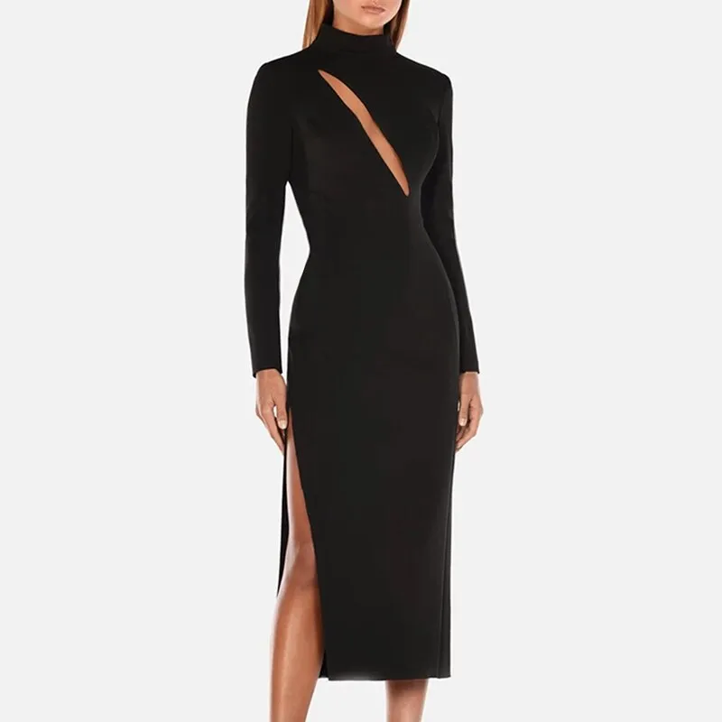 Black Long Sleeve Bandage Mid Calf Dress