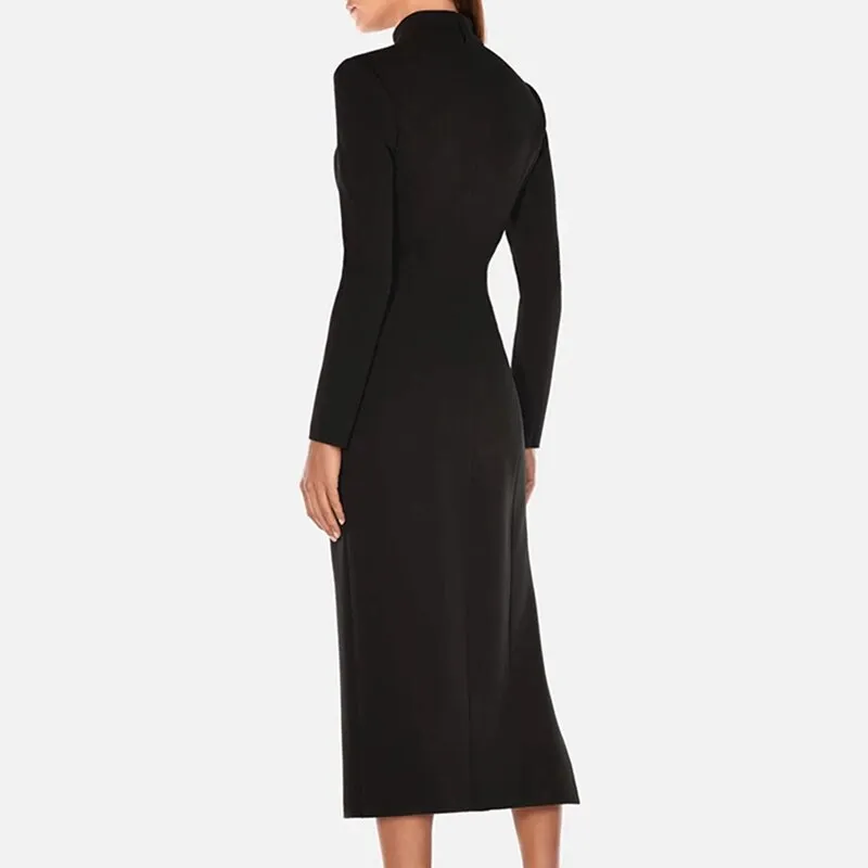 Black Long Sleeve Bandage Mid Calf Dress