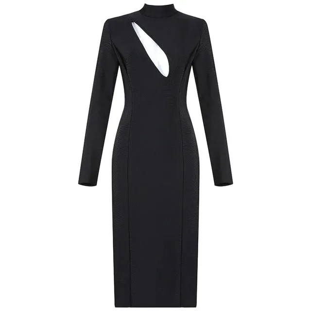 Black Long Sleeve Bandage Mid Calf Dress