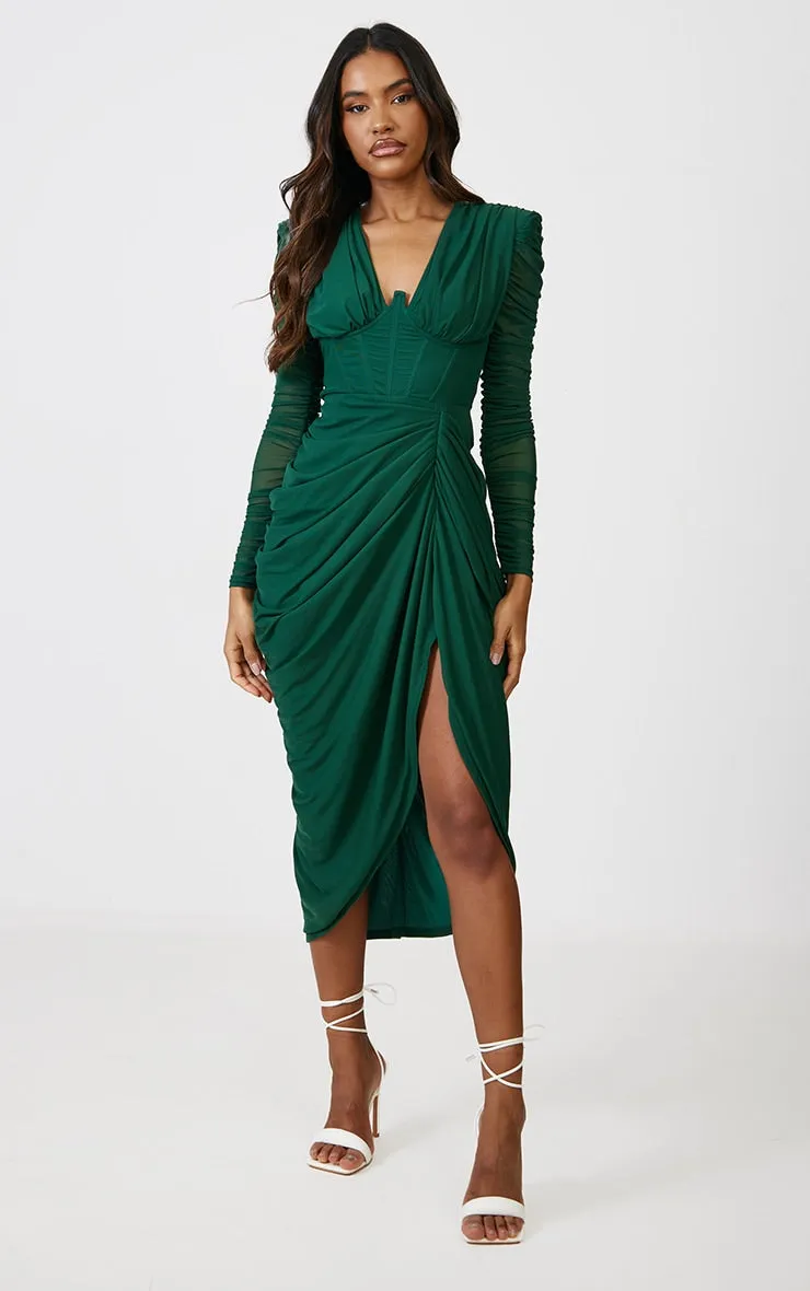 Black Mesh Ruched Long Sleeve Draped Midi Dress