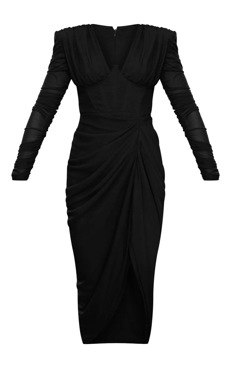 Black Mesh Ruched Long Sleeve Draped Midi Dress