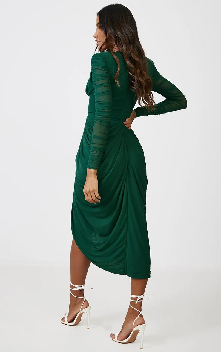 Black Mesh Ruched Long Sleeve Draped Midi Dress