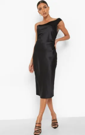 Black One Shoulder Strap Detail Midi Dress