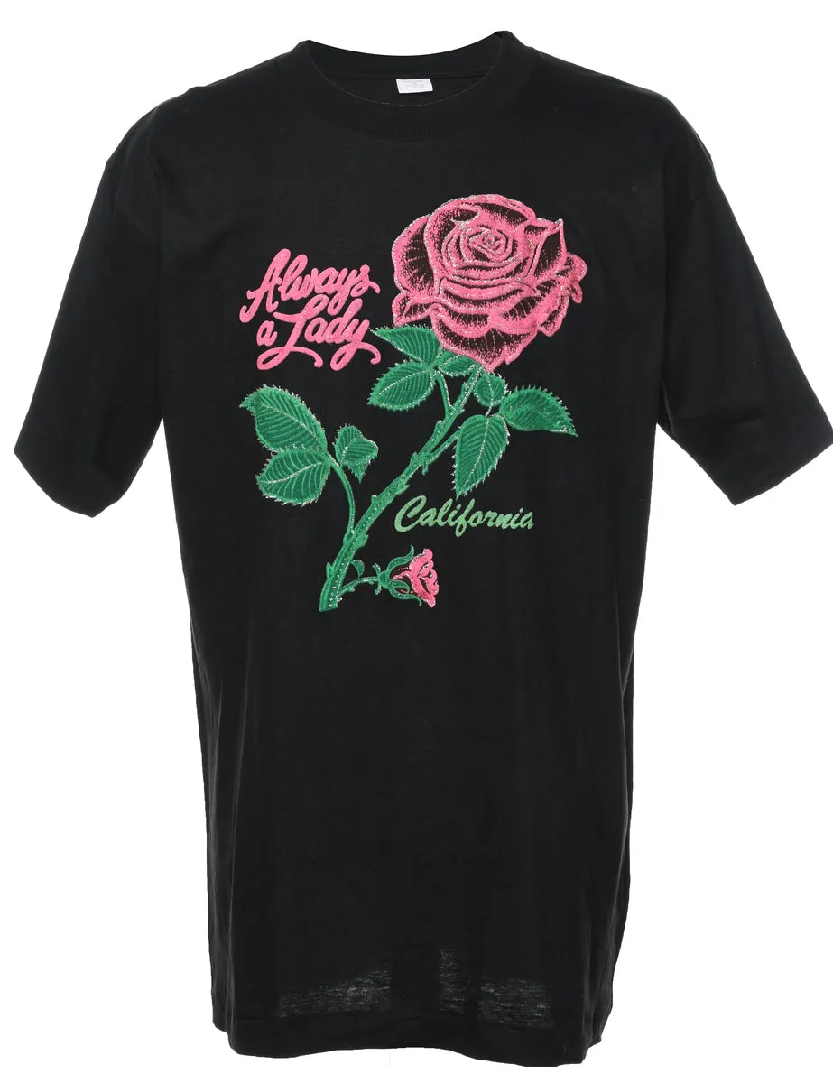 Black Printed Rose Design T-shirt - XL