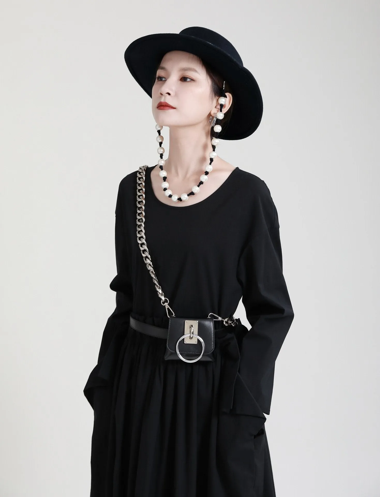 Black Round Neck Women Fall Fake Two Piece Summer Dress