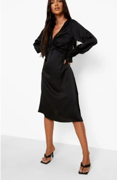 Black Satin Twist Plunge Midi Dress