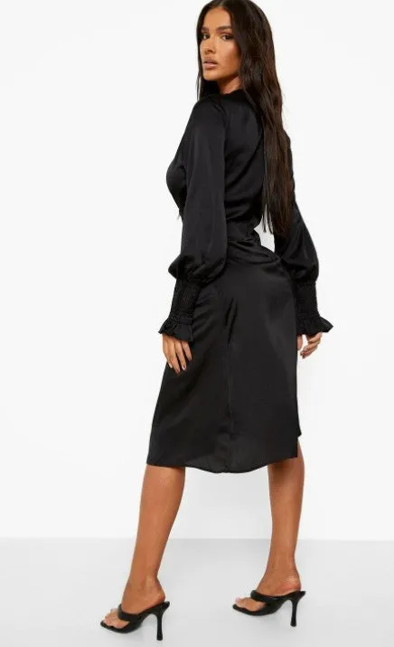 Black Satin Twist Plunge Midi Dress