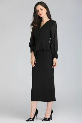 Black Sheer Sleeved Wrap Peplum Maxi Dress