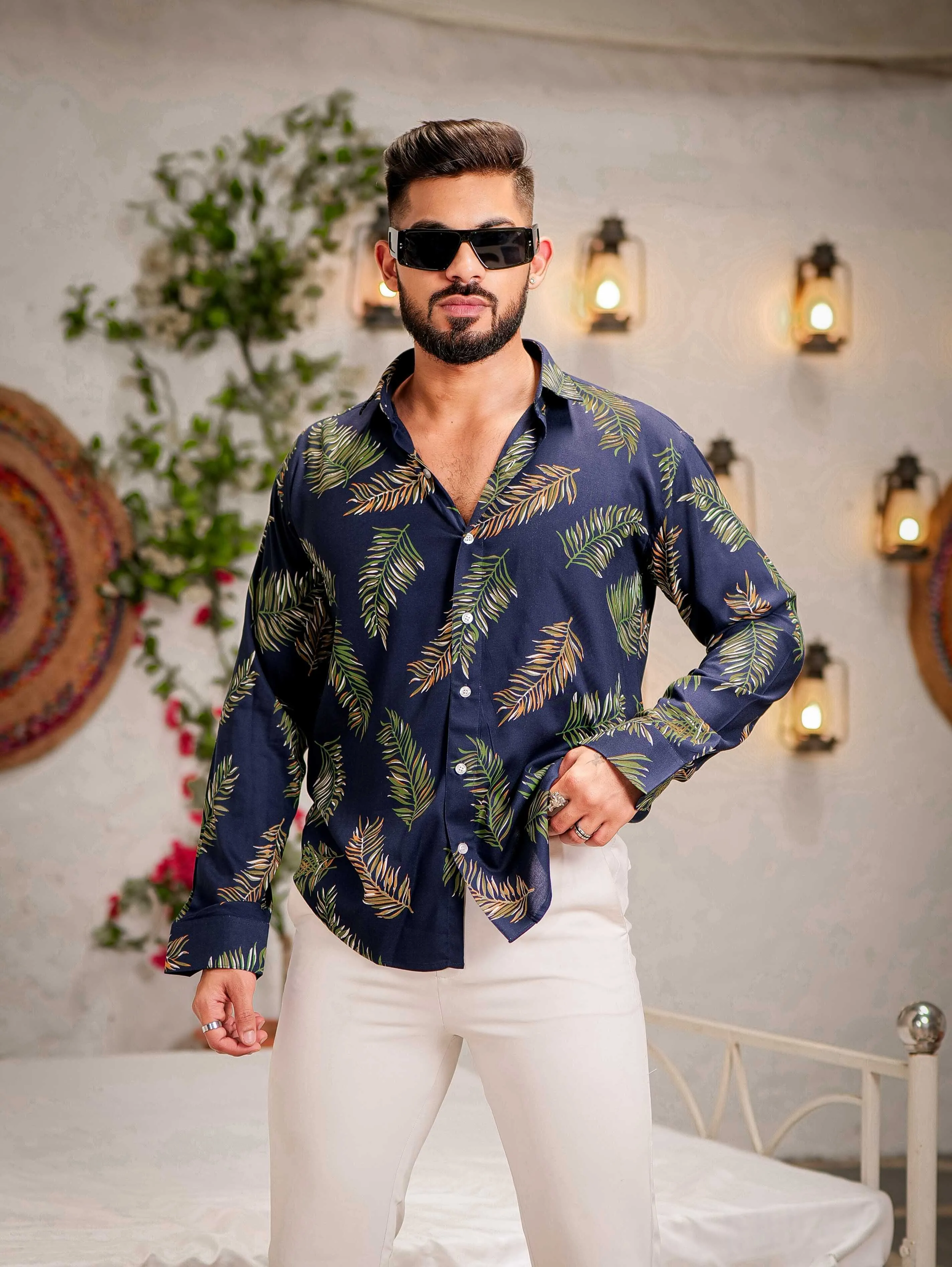 Blue Modal Cotton Print Premium Shirt