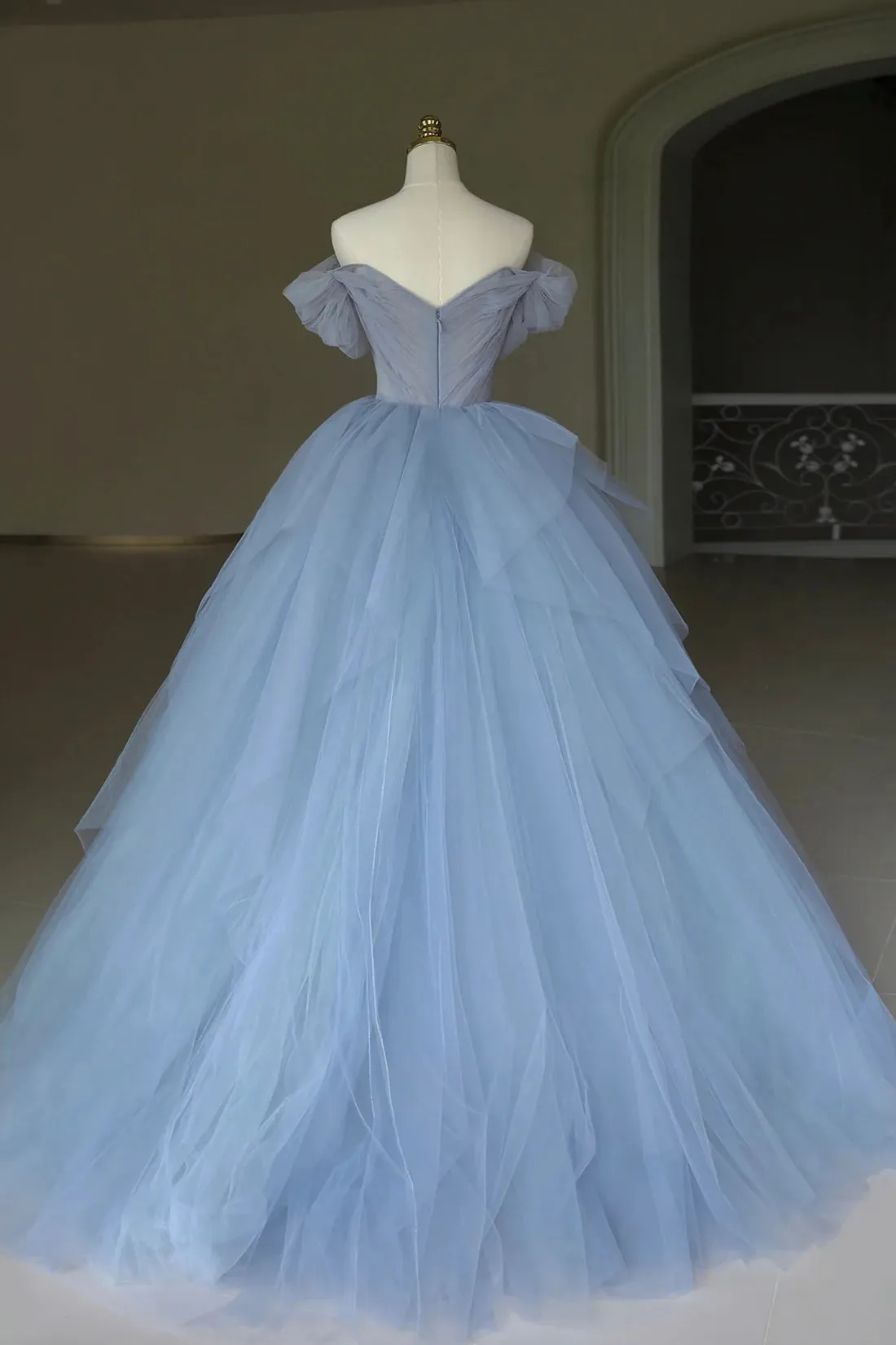 Blue Tulle Floor Length Prom Dress, Off the Shoulder Evening Dress with 3D Flowers