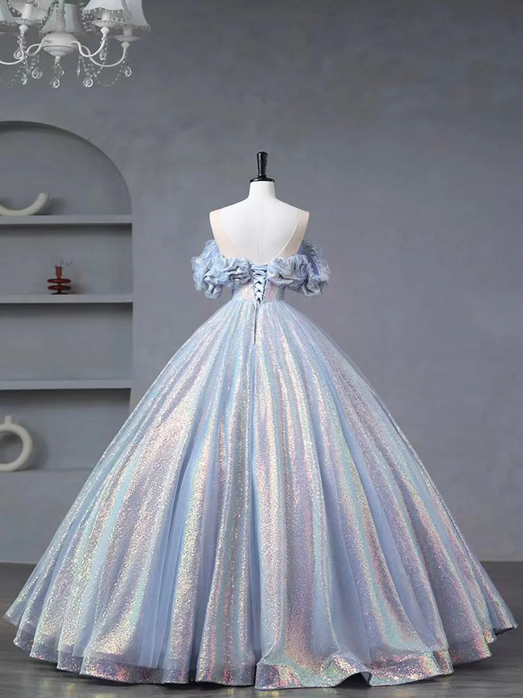 Blue Tulle Sequins Long Formal Dress, Off the Shoulder Princess Dress Sweet 16 Dress