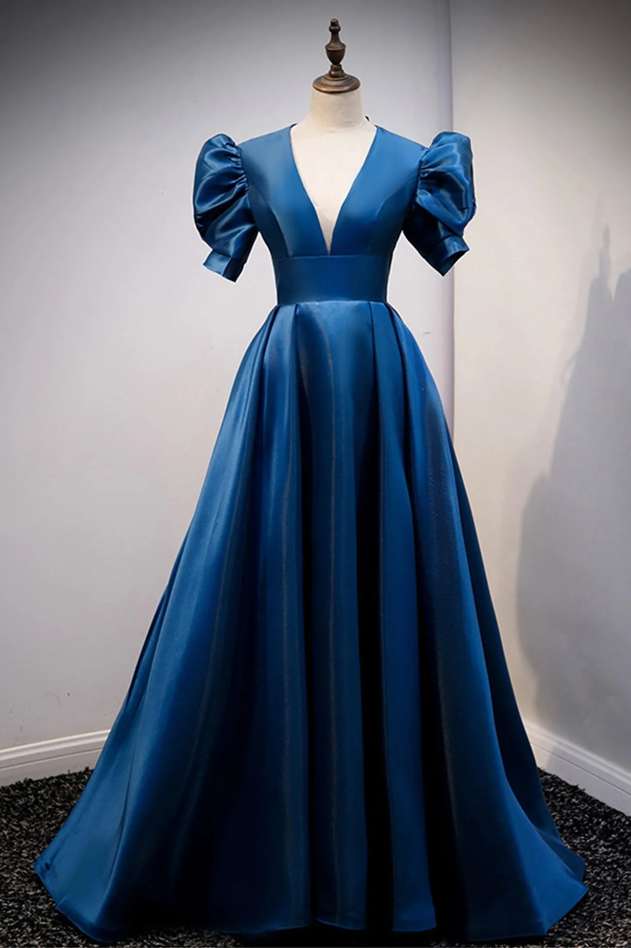 Blue V-Neck Satin Long Prom Dresses, A-Line Blue Evening Dresses