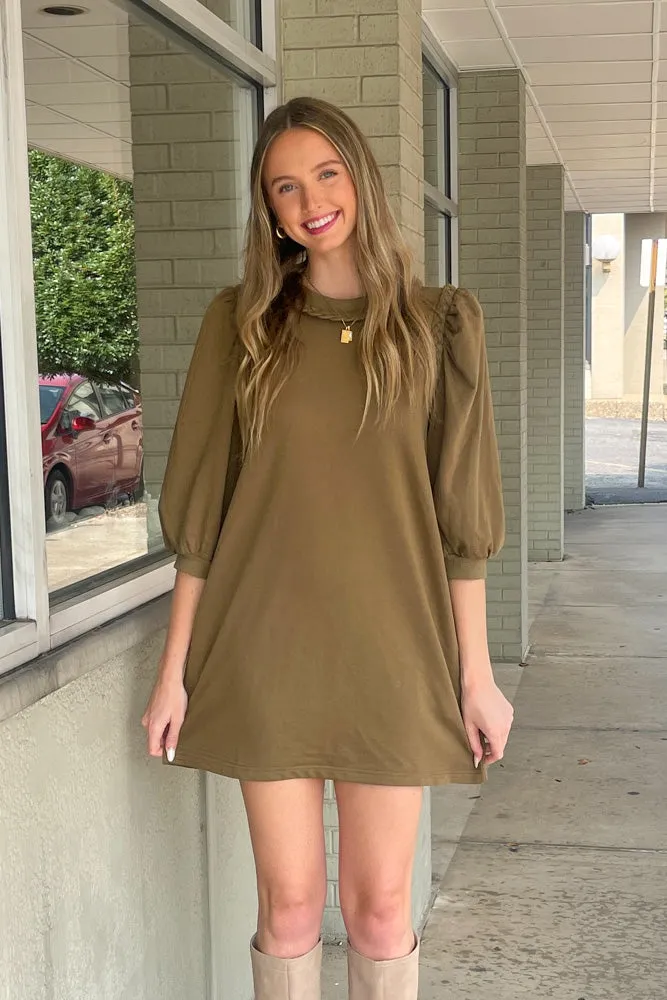 Braided Detail Long Sleeve Dress-Olive