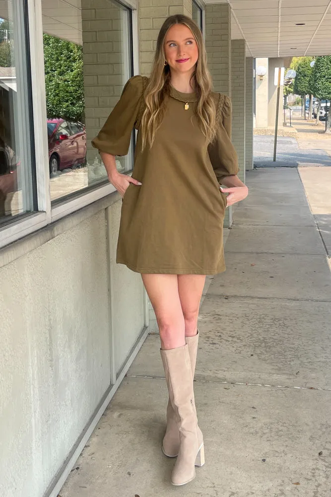 Braided Detail Long Sleeve Dress-Olive