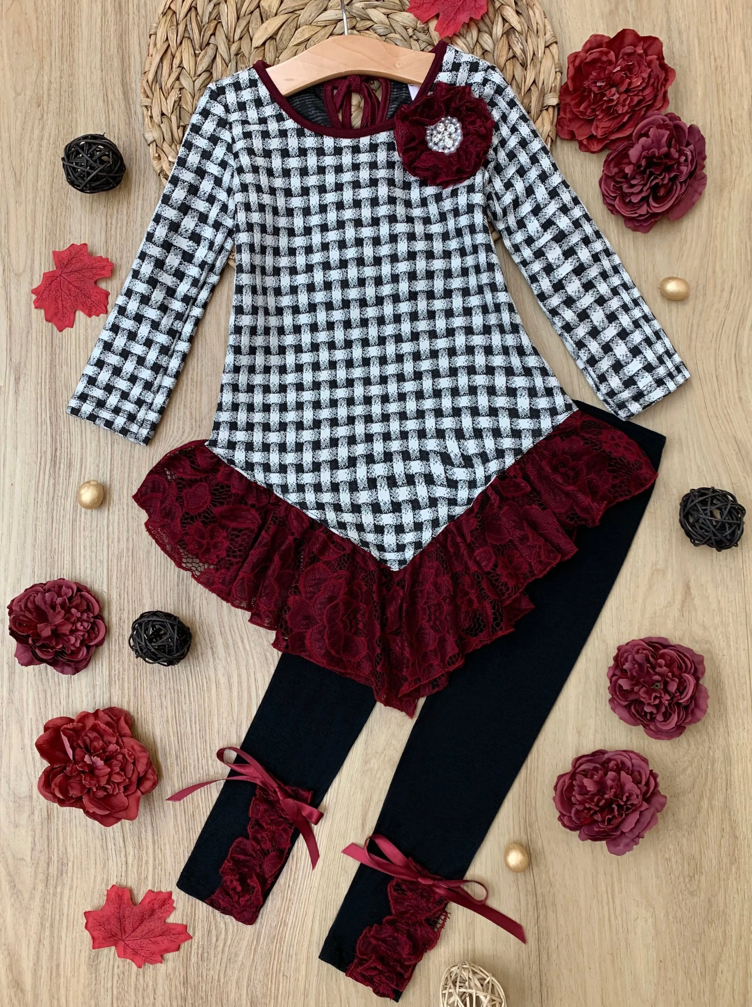 Braided Plaid Lace Trim Tunic and Legging Set