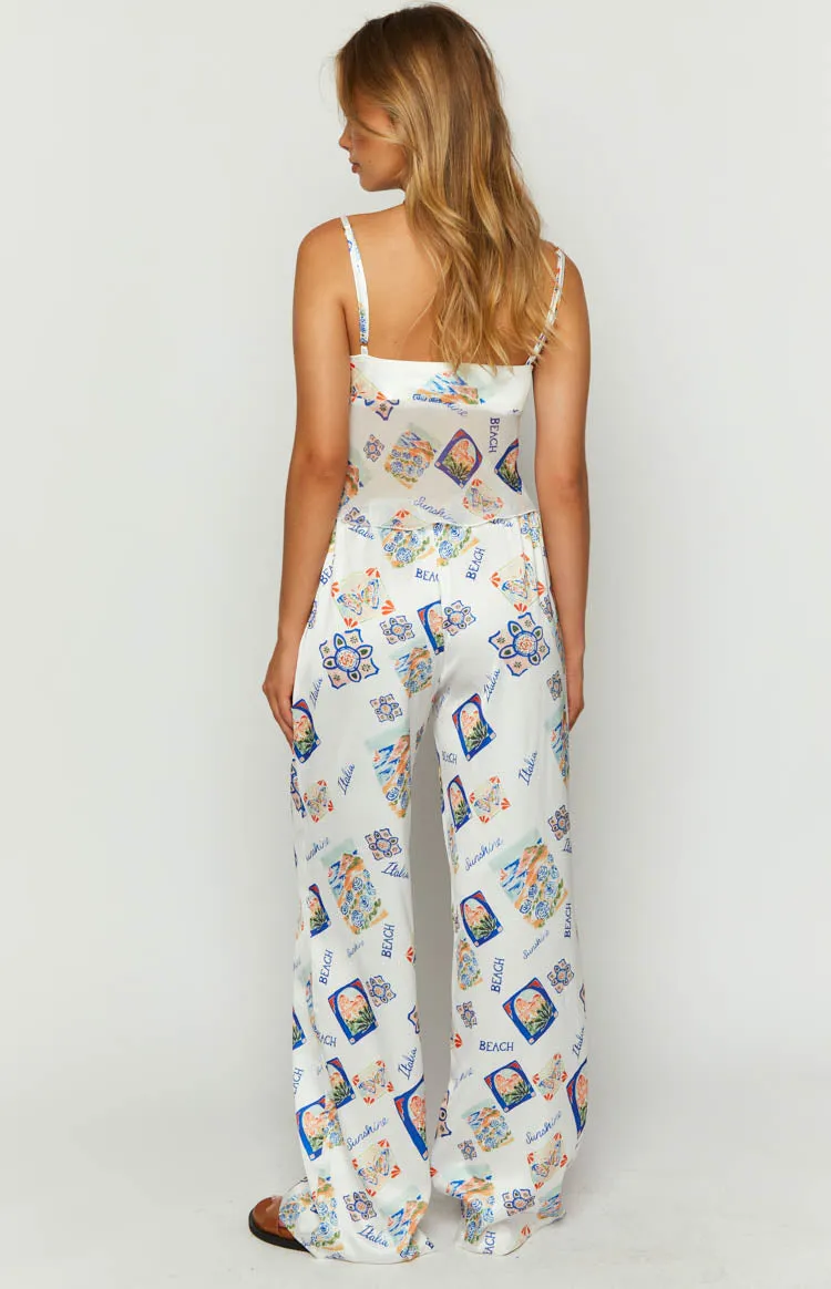 Bridget White Satin Italia Print Pants