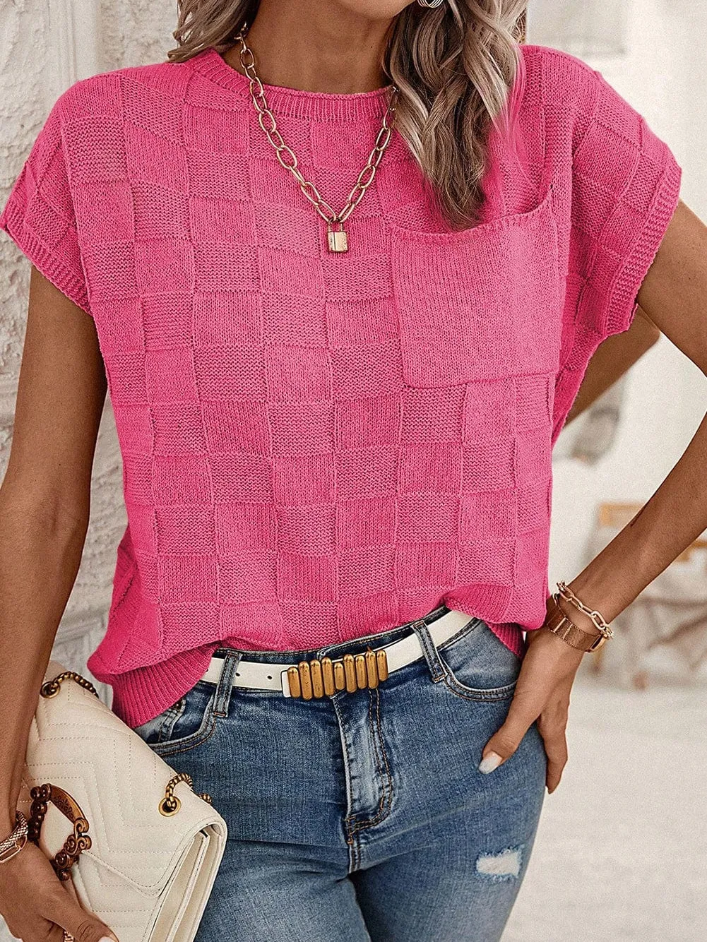 Bright Pink Textured Lattice Knit Short Sleeve Sweater