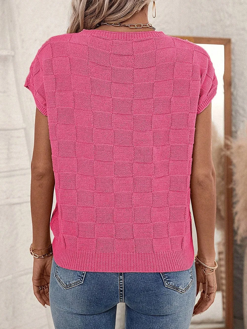 Bright Pink Textured Lattice Knit Short Sleeve Sweater