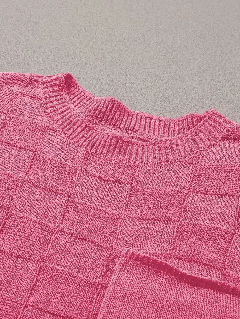 Bright Pink Textured Lattice Knit Short Sleeve Sweater