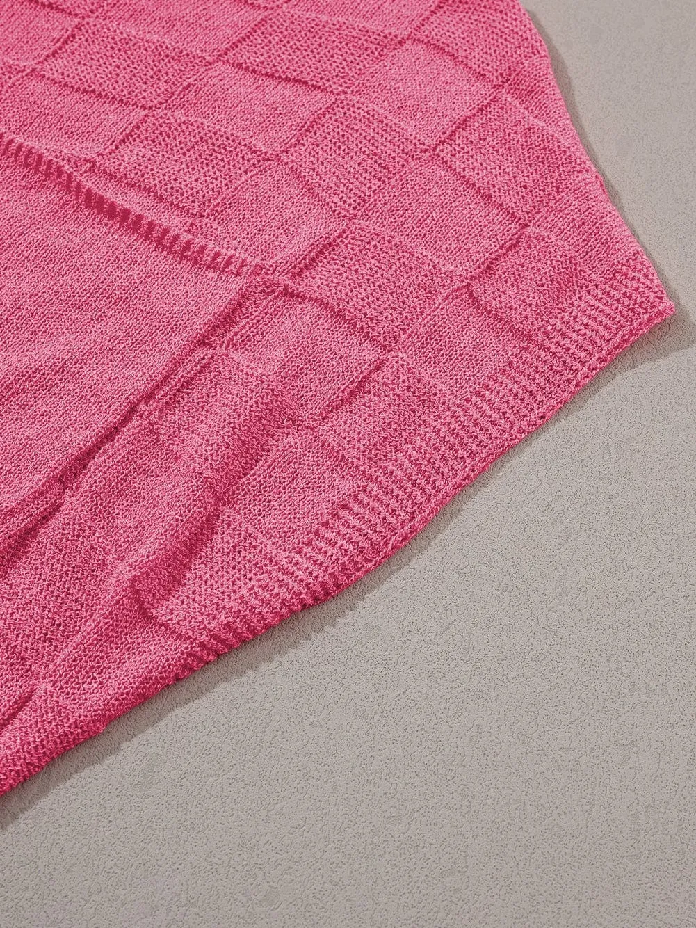 Bright Pink Textured Lattice Knit Short Sleeve Sweater